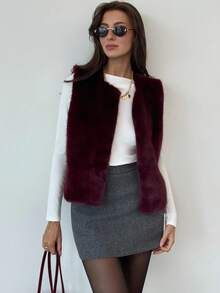 Aloruh Sleeveless Basic Outerwear, Elegant Fashion Faux Fur Coat In Fall/Winter - Burgundy - View 8