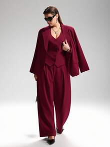 LYSMO 大码纯色有领背心和裤子套装 - 酒紅色 - 查看 1