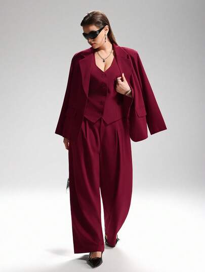 LYSMO Conjunto de talla grande con chaleco y pantalones de unicolor con cuello