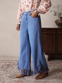 SHEIN LUNE Women's Casual Fringe Hem Wide Leg Cowboy Jeans - Blue - View 4