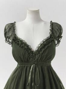 Sunspun Plus Size Elegant Solid Color Lace Trim Blouse, Summer - Dark Green - View 3