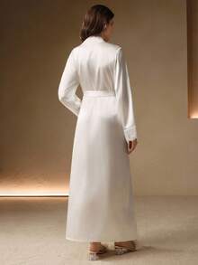 Anewsta Sexy Contrast Lace Long Robe, Women's Sleepwear, Valentine's Day Luxe Loungewear, Vacation, Winter - White - View 3