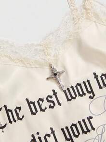 ROMWE Avant 女士万圣节天使十字架印花缎面吊带背心 - 杏色 - 查看 2