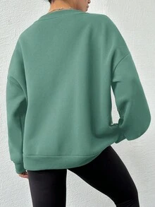 EURMUSE Solid Color Drop Shoulder Zip Up Long Sleeve Sweatshirt - Mint Green - View 2