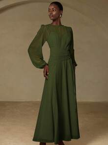 Aveloria Rosie Neues elegantes französisches Stil würdevolle Qualität Vintage Luxus hochwertige einfarbige Chiffon Rundhals Plissee asymmetrisches Raffung Taille Design ausgestelltes Damen Maxikleid mit Langarm - Dunkelgrün - Übersicht 1