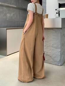 Bộ đồ liền thân denim ống rộng rộng rãi, màu kaki, có túi, dáng rộng, dáng rộng, phong cách công sở, trang phục dạo phố dự tiệc trở lại trường cho bé gái tuổi teen - Màu Khaki - Xem 2