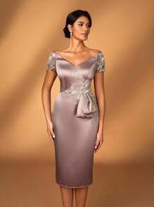 Serin Elegant Luxurious Off Shoulder Bow Embroidered Pearl Lace Applique Mid-Length Dress, Suitable For Evening Party, Date, Music Festival, Prom, Holiday, Wedding, Bridal Mother Dress - Champagne - View 2