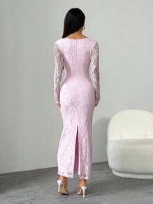 SHEIN PETITE فستان ماكسي أسود ضيق للجسم بياقة مربعة وأكمام طويلة من الدانتيل على شكل S مثير للحفلات والمناسبات الصيفية الجديد للنساء - وردي - مشاهدة 2