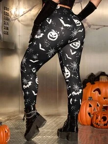 SHEIN EZwear 大码女式万圣节南瓜和蝙蝠图案高腰紧身裤 - 黑與白 - 查看 2
