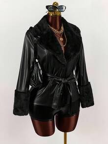 Amplova 纯色毛领拼接PU腰带PU夹克 - 黑色 - 查看 1