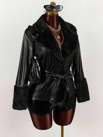 Amplova Solid Color Fur Collar Splicing PU Waist Tie PU Jacket