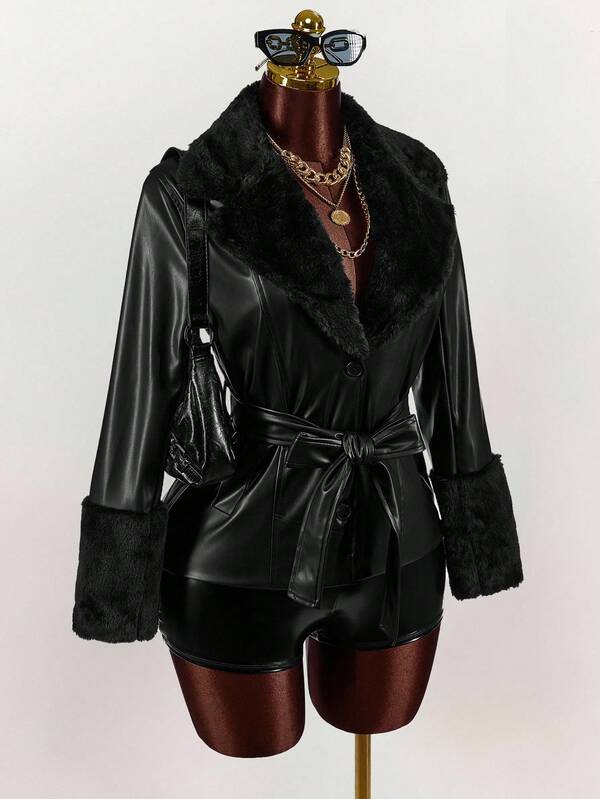 Amplova Solid Color Fur Collar Splicing PU Waist Tie PU Jacket