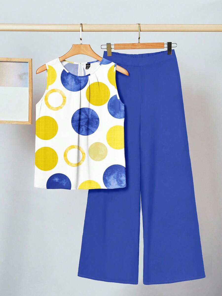 SHEIN Clasi Bộ 2 áo ba lỗ cổ tròn họa tiết chấm bi và quần ống rộng thoải mái cho nữ, phù hợp cho mùa hè - Nhiều màu - Xem 1