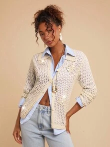 Travachic Cardigan femme à manches longues avec décoration florale 3D, style croisé avec effet ajouré. Cardigan , style western, en crochet et tricot ajouré, pour l'automne et l'hiver. Cardigans d'été. Cardigan western, style casual pour femme, automne, chic, pour sortir, élégant, style campagne pour femme - Beige - Voir 5