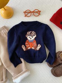 SHEIN 可爱男女宝宝卡通熊图案长袖海军蓝毛衣，休闲百搭，适合秋冬 - 彩色 - 查看 7