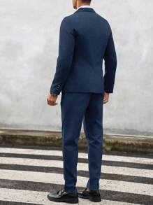 Manfinity Mode Men's Solid Color Single-Breasted Long Sleeve Suit Jacket And Pocketed Suit Pants Set - Navy Blue - View 2