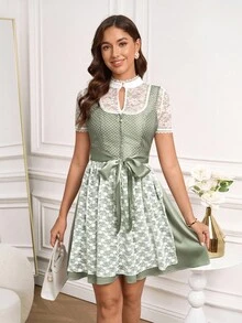 Gownix Gaun Patchwork Renda Elegan, Cocok untuk Oktoberfest, Dirndl, dan Acara Oktoberfest lainnya. - Hijau - View 3