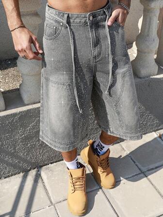 Street Life Men's Sparkling Rhinestone Embellished Denim Wide Leg 3/4 Pants