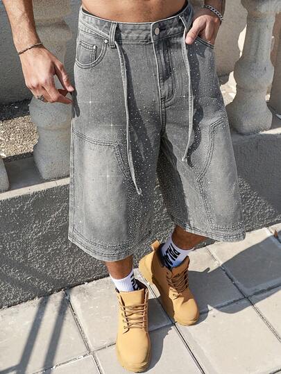 Street Life Men's Sparkling Rhinestone Embellished Denim Wide Leg 3/4 Pants