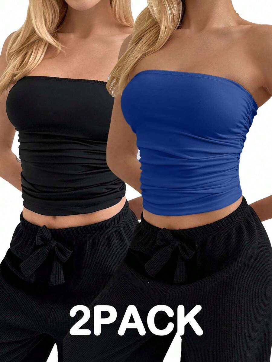 EURMUSE 2 piezas Top tubo ajustado con pliegues de unicolor minimalista para mujer, verano - Multicolor - Ver 1