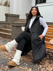 SHEIN EZwear 加大码可调节腰部抽绳宽松长款夹克，加厚，适合秋冬 - 黑色 - 查看 2