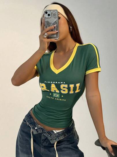 Flirla Women Casual Sports V-Neck Brazilian Color Blocking Short Sleeve T-Shirt Graphic Tees Women Tops