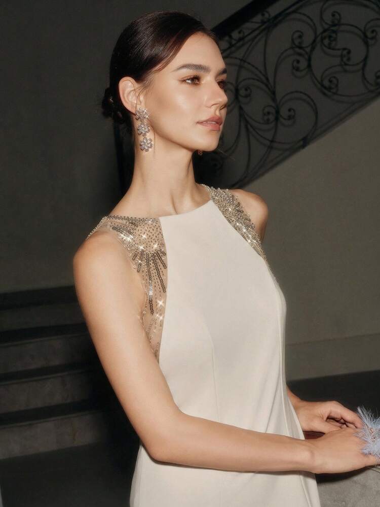 Robe de luxe Top de gamme sur mesure avec perles et épaules dénudées pour femmes