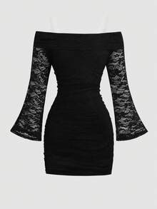 SHEIN Tween Girl Fitted Elegant Off Shoulder Lace Long Sleeve Snug Fit Dress Fall Winter - Black - View 6