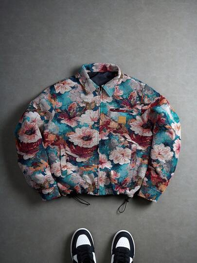 PAVTROS Manfinity Streetrush Men's Long Sleeve Fashionable Retro Jacquard Woven Jacket , Floral Bomber Jacket , Vintage Jacket , Floral Jacket, Vintage Jacket, Fall