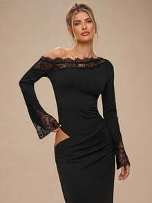 SHEIN BAE Jesienno-zimowa damska solidna czarna koronkowa asymetryczna sukienka z kołnierzykiem w kształcie trąbki z długim rękawem, dzianinowa, dopasowana, elegancka, eleganckie sukienki na imprezę, sukienka dla gości weselnych, czarna sukienka, jesienne ubrania dla kobiet, kostiumy na Halloween, Boże Narodzenie - Czarne - Zobacz 4