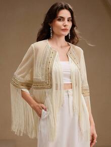 Anewsta Women's Regular Jacket With Tassel & Mesh Design - Apricot - View 6