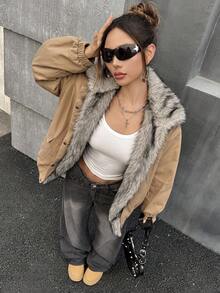 SHEIN ICON 女式毛绒衬里单排扣长袖休闲冬季夹克 - 棕色 - 查看 4