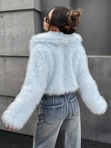 SHEIN ICON 秋冬女士夸张派对浅蓝色仿皮草大衣 - 淺藍色 - 查看 2