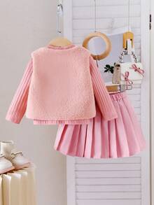 3pcs Baby Girls Pink Fluffy 3D Flower Vest Jacket, Knitted Collar Long Sleeve Top, Pleated Skirt Outfit Set, Fashionable & Cute, Autumn/Winter Girls Pink Skirt Set Baby Girl Skirt Outfit Pink Outfit For Girls Girl Outfits Set Toddler Girl Outfits Pink Skirt Set With White Flower Jacket Princess Dress Toddler Girl Uniform Skirt Outfit With Jacket Baby Girl Fall  Princess  Halloween/Christmas Party Sets For  Vacation  Autumn And Winter