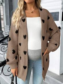 SHEIN 孕妇心形图案口袋休闲长袖开衫 - 棕色 - 查看 3