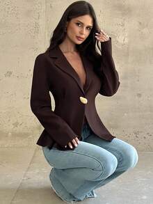 Firerie 女士休闲优雅收腰咖棕色西装外套/仿麻面料西装/收腰西装/女冬装/秋装/返校/校服/女教师装/商务休闲女装/知性优雅女装 - 咖啡棕 - 查看 4