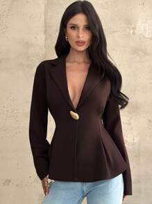 Firerie 女士休闲优雅收腰咖棕色西装外套/仿麻面料西装/收腰西装/女冬装/秋装/返校/校服/女教师装/商务休闲女装/知性优雅女装 - 咖啡棕 - 查看 3