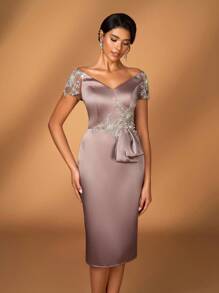 Serin Elegant Luxurious Off Shoulder Bow Embroidered Pearl Lace Applique Mid-Length Dress, Suitable For Evening Party, Date, Music Festival, Prom, Holiday, Wedding, Bridal Mother Dress - Champagne - View 5