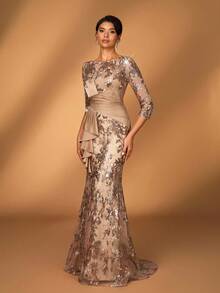 Serin Elegant Luxurious Embroidered Lace Sequin Satin Ruffle Sheer Long Sleeve Mermaid Slit Dress, Suitable For Wedding, Party, Vacation, Prom, Evening Gown, Mother Of The Bride, Valentine's Day - Champagne - View 6