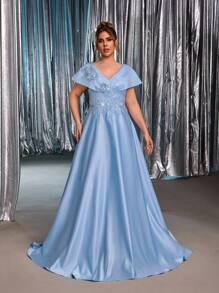 Glamrae 加大码优雅浪漫奢华 3D 花卉设计缎面喇叭袖长裙，适合晚会、约会、舞会、毕业典礼、婚礼、正式场合（重磅装饰） - 藍色 - 查看 7