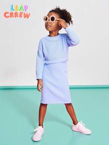 SHEIN Young Girl Loose Casual Minimalist Comfortable Round Neck Long Sleeve Sweater Dress Set,In Fall/Winter - Baby Blue - View 2