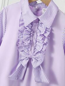 1pc Young Girl's Sweet Plaid Patchwork Long Sleeve Shirt Dress, With Hidden Zipper Design At Back, Comfortable & Cute Dress Suitable For Family Gathering, Outing, School And Other Occasions Bow Decoration, Back To School - Multicolor - View 7