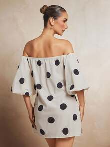L'Amorae Off-Shoulder Polka Dot Print Mini Dress