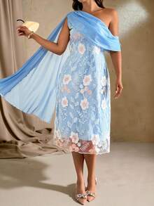 Roveilla Vestido midi de mujer talla grande elegante y romántico con cuello asimétrico bordado - Azul - Ver 4