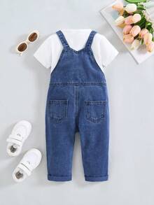 SHEIN 女婴可爱宽松蓝色牛仔背带裤秋冬装，街头酷炫风格牛仔服 - 深色水洗藍 - 查看 3