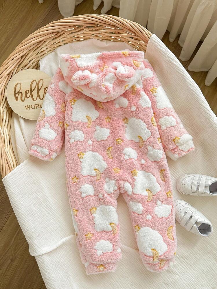 新生女宝宝可爱毛绒爱心图案连帽连体衣，秋冬季 - 彩色 - 查看 2
