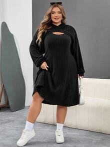 SHEIN CURVE+ 大码黑色厚罗纹卫衣连衣裙，两件套，初秋/秋冬 - 黑色 - 查看 8