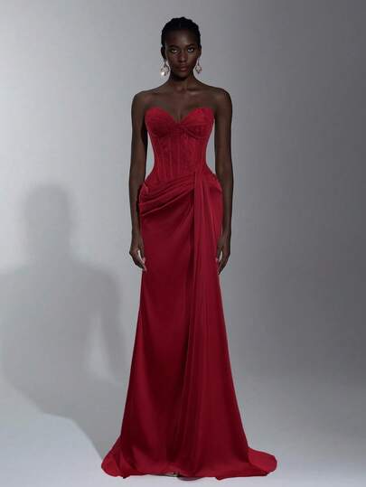 Elitara Elegant Lace Patchwork Satin Bustier With Sheer Bust, Ruched Waist, Cascading Ruffles And Fishtail Hem, Suitable For Vacation, Date, Birthday Party, Wedding, Graduation, Formal Gala, Valentine's Day