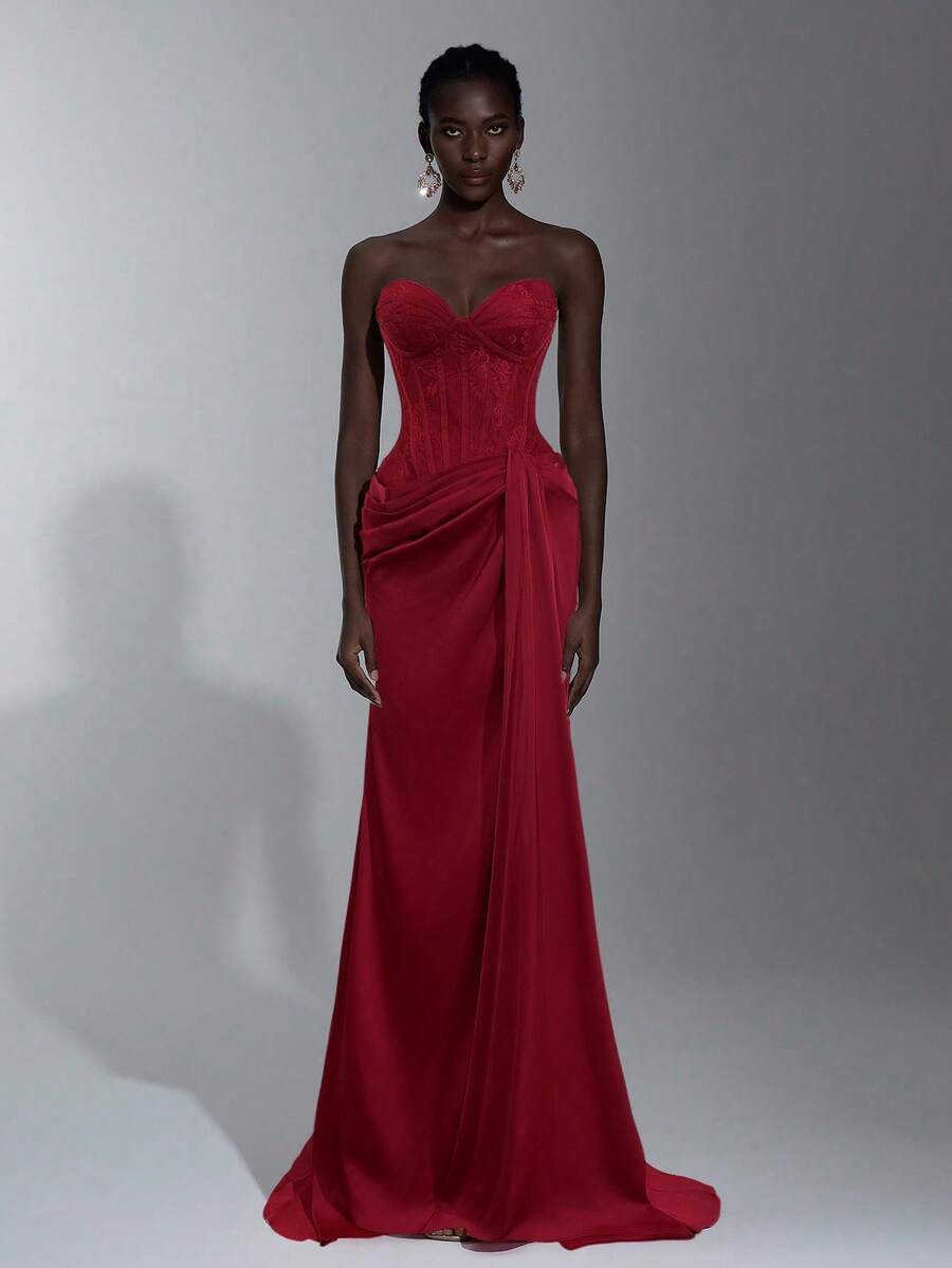 Elitara Áo corset satin phối ren thanh lịch với phần ngực xuyên thấu, eo xếp ly, bèo nhún xếp tầng và gấu áo đuôi cá, thích hợp cho kỳ nghỉ, hẹn hò, tiệc sinh nhật, đám cưới, lễ tốt nghiệp, dạ hội trang trọng, ngày Valentine. - Đỏ - Xem 1