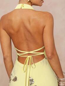 Lumalex 女式亮片刺绣立领腰部修身露背系带开衩连衣裙 - 黃色 - 查看 2